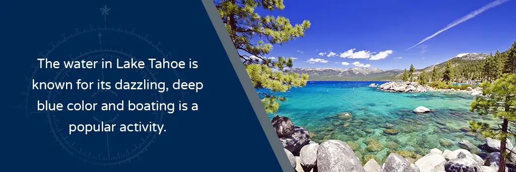 The water in Lake Tahoe is known for its dazzling, deep blue color and boating is a popular activity - Image of Lake Tahoe