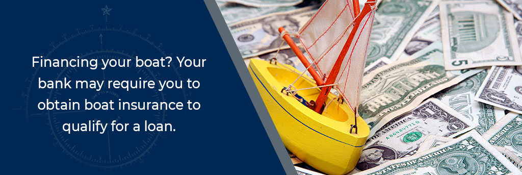 Financing your boat? Your bank may require you to obtain bot insurance to qualify for a loan - Image of a toy boat on top of various U.S. bills